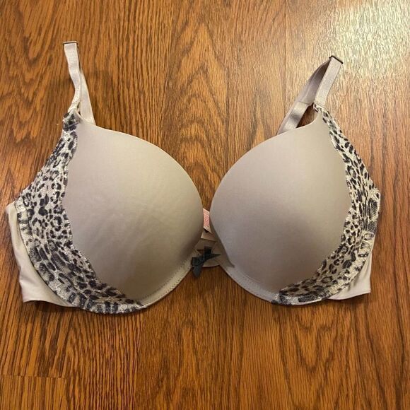 Victoria's Secret Taupe & Animal Print Lace Push Up Underwire Bra 34DD - Picture 1 of 3